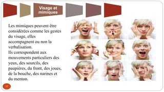 17
Visage et
mimiques
Les mimiques peuvent être
considérées comme les gestes
du visage, elles
accompagnent ou non la
verbalisation.
Ils correspondent aux
mouvements particuliers des
yeux, des sourcils, des
paupières, du front, des joues,
de la bouche, des narines et
du menton.
 