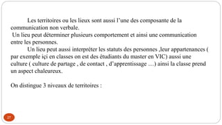 27
Les territoires ou les lieux sont aussi l’une des composante de la
communication non verbale.
Un lieu peut déterminer plusieurs comportement et ainsi une communication
entre les personnes.
Un lieu peut aussi interpréter les statuts des personnes ,leur appartenances (
par exemple içi en classes on est des étudiants du master en VIC) aussi une
culture ( culture de partage , de contact , d’apprentissage …) ainsi la classe prend
un aspect chaleureux.
On distingue 3 niveaux de territoires :
 