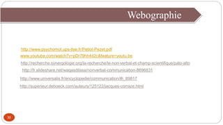 Webographie
30
http://www.psychomot.ups-tlse.fr/Petiot-Pezet.pdf
http://superieur.deboeck.com/auteurs/125122/jacques-corraze.html
http://recherche.synergologie.org/la-recherche/le-non-verbal-et-champ-scientifique/palo-alto
http://www.universalis.fr/encyclopedie/communication/#i_89817
http://fr.slideshare.net/waqasdilasa/nonverbal-communication-8696831
www.youtube.com/watch?v=pDr79hh4d2c&feature=youtu.be
 