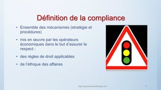 Définition de la compliance
• Ensemble des mécanismes (stratégie et
procédures)
• mis en œuvre par les opérateurs
économiques dans le but d’assurer le
respect :
• des règles de droit applicables
• de l’éthique des affaires
http://www.herveboullanger.com 11
 