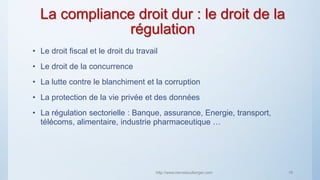 La compliance droit dur : le droit de la
régulation
• Le droit fiscal et le droit du travail
• Le droit de la concurrence
• La lutte contre le blanchiment et la corruption
• La protection de la vie privée et des données
• La régulation sectorielle : Banque, assurance, Energie, transport,
télécoms, alimentaire, industrie pharmaceutique …
http://www.herveboullanger.com 18
 
