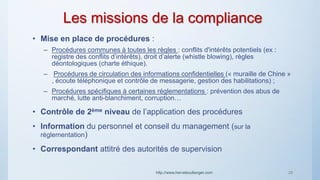 Les missions de la compliance
• Mise en place de procédures :
– Procédures communes à toutes les règles : conflits d'intérêts potentiels (ex :
registre des conflits d’intérêts), droit d’alerte (whistle blowing), règles
déontologiques (charte éthique).
– Procédures de circulation des informations confidentielles (« muraille de Chine »
, écoute téléphonique et contrôle de messagerie, gestion des habilitations) ;
– Procédures spécifiques à certaines réglementations : prévention des abus de
marché, lutte anti-blanchiment, corruption…
• Contrôle de 2ème niveau de l’application des procédures
• Information du personnel et conseil du management (sur la
réglementation)
• Correspondant attitré des autorités de supervision
http://www.herveboullanger.com 28
 
