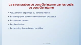 La structuration du contrôle interne par les outils
du contrôle interne
• Gouvernance et pilotage du contrôle interne
• La cartographie et la documentation des processus
• La carte des risques
• Le plan d’action
• Le reporting des actions et contrôles
Hervé Boullanger
 