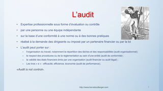 L’audit
• Expertise professionnelle sous forme d’évaluation ou contrôle
• par une personne ou une équipe indépendante
• sur la base d’une conformité à une norme ou à des bonnes pratiques
• réalisé à la demande des dirigeants ou imposé par un partenaire financier ou par la loi
• L'audit peut porter sur :
– l'organisation du travail, notamment la répartition des tâches et des responsabilités (audit organisationnel);
– le respect des procédures ou de la réglementation au sein d'une entité (audit de conformité) ;
– la validité des états financiers émis par une organisation (audit financier ou audit légal) ;
– Les trois « e » : efficacité, efficience, économie (audit de performance).
«Audit is not control».
http://www.herveboullanger.com 7
 