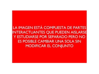 LA IMAGEN ESTÁ COMPUESTA DE PARTES INTERACTUANTES QUE PUEDEN AISLARSE Y ESTUDIARSE POR SEPARADO PERO NO ES POSIBLE CAMBIAR UNA SOLA SIN MODIFICAR EL CONJUNTO 
