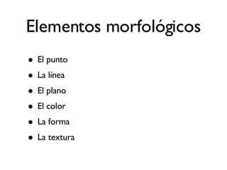 El punto La línea El plano El color La forma La textura Elementos morfológicos 
