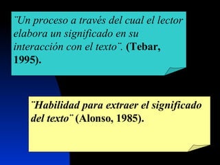 ¨Un proceso a través del cual el lector elabora un significado en su interacción con el texto¨.   (Tebar, 1995). ¨Habilidad para extraer el significado del texto¨  (Alonso, 1985). 
