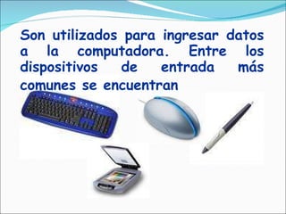 Son utilizados para ingresar datos a la computadora. Entre los dispositivos de entrada más comunes se encuentran   