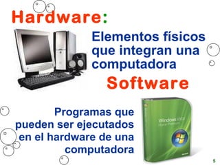 Elementos físicos
que integran una
computadora
5
Software
Hardware:
Programas que
pueden ser ejecutados
en el hardware de una
computadora
 