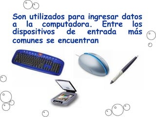 Son utilizados para ingresar datos
a la computadora. Entre los
dispositivos de entrada más
comunes se encuentran
 
