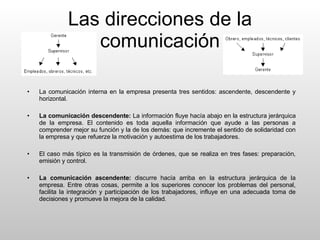 Las direcciones de la comunicación La comunicación interna en la empresa presenta tres sentidos: ascendente, descendente y horizontal. La comunicación descendente:  La información fluye hacía abajo en la estructura jerárquica de la empresa. El contenido es toda aquella información que ayude a las personas a comprender mejor su función y la de los demás: que incremente el sentido de solidaridad con la empresa y que refuerze la motivación y autoestima de los trabajadores. El caso más típico es la transmisión de órdenes, que se realiza en tres fases: preparación, emisión y control. La comunicación ascendente:  discurre hacía arriba en la estructura jerárquica de la empresa. Entre otras cosas, permite a los superiores conocer los problemas del personal, facilita la integración y participación de los trabajadores, influye en una adecuada toma de decisiones y promueve la mejora de la calidad. 