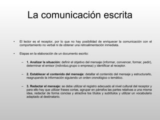 La comunicación escrita El lector es el receptor, por lo que no hay posibilidad de enriquecer la comunicación con el comportamiento no verbal ni de obtener una retroalimentación inmediata. Etapas en la elaboración de un documento escrito: 1. Analizar la situación:  definir el objetivo del mensaje (informar, convencer, formar, pedir), determinar el emisor (individuo,grupo o empresa) y identificar al receptor. 2. Establecer el contenido del mensaje:  detallar el contenido del mensaje y estructurarlo, reagrupando la información siguiendo un orden cronológico o temático. 3. Redactar el mensaje:  se debe utilizar el registro adecuado al nivel cultural del receptor y para ello hay que utilizar frases cortas, agrupar en párrafos las partes relativas a una misma idea, redactar de forma concisa y atractiva los títulos y subtítulos y utilizar un vocabulario adaptado al destinatario. 