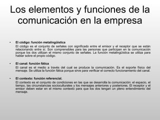Los elementos y funciones de la comunicación en la empresa El código: función metalingüística El código es el conjunto de señales con significado entre el emisor y el receptor que se están relacionando entre sí. Son comprensibles para las personas que participan en la comunicación porque los dos utilizan el mismo conjunto de señales. La función metalingüística se utiliza para hablar sobre el propio código. El canal: función fática El canal es el medio a través del cual se produce la comunicación. Es el soporte físico del mensaje. Se utiliza la función fática porque sirve para verificar el correcto funcionamiento del canal. El contexto: función referencial. El contexto es el conjunto de condiciones en las que se desarrolla la comunicación: el espacio, el tiempo, las circunstancias socioculturales y los mensajes anteriores y posteriores. El receptor y el emisor deben estar en el mismo contexto para que los dos tengan un pleno entendimiento del mensaje. 