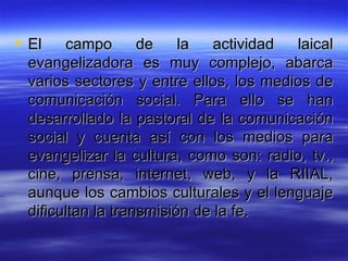 El campo de la actividad laical evangelizadora es muy complejo, abarca varios sectores y entre ellos, los medios de comunicación social. Para ello se han desarrollado la pastoral de la comunicación social y cuenta así con los medios para evangelizar la cultura, como son: radio, tv., cine, prensa, internet, web, y la RIIAL, aunque los cambios culturales y el lenguaje dificultan la transmisión de la fe.  