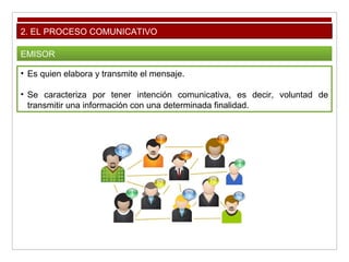 2. EL PROCESO COMUNICATIVO
EMISOR
• Es quien elabora y transmite el mensaje.
• Se caracteriza por tener intención comunicativa, es decir, voluntad de
transmitir una información con una determinada finalidad.
 