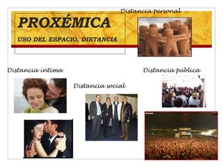 PROXÉMICA
USO DEL ESPACIO, DISTANCIA
Distancia íntima
Distancia personal
Distancia social
Distancia pública
 