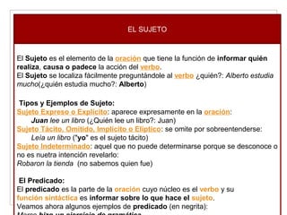 El Sujeto es el elemento de la oración que tiene la función de informar quién
realiza, causa o padece la acción del verbo.
El Sujeto se localiza fácilmente preguntándole al verbo ¿quién?: Alberto estudia
mucho(¿quién estudia mucho?: Alberto)
Tipos y Ejemplos de Sujeto:
Sujeto Expreso o Explícito: aparece expresamente en la oración:
Juan lee un libro (¿Quién lee un libro?: Juan)
Sujeto Tácito, Omitido, Implícito o Elíptico: se omite por sobreentenderse:
Leía un libro ("yo" es el sujeto tácito)
Sujeto Indeterminado: aquel que no puede determinarse porque se desconoce o
no es nuetra intención revelarlo:
Robaron la tienda (no sabemos quien fue)
El Predicado:
El predicado es la parte de la oración cuyo núcleo es el verbo y su
función sintáctica es informar sobre lo que hace el sujeto.
Veamos ahora algunos ejemplos de predicado (en negrita):
EL SUJETO
 
