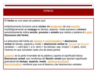 VERBOS
El Verbo es una clase de palabra que:
sintácticamente funciona como núcleo del predicado de una oración
morfológicamente se conjuga en tiempo, aspecto, modo persona y número
semánticamente indica acción, proceso o estado que realiza o padece el sujeto
Estructura del Verbo:
La estructura del Verbo es: lexema + vocal temática + desinencia
verbal de tiempo, aspecto y modo + desinencia verbal de persona y número:
cantaban → cant (lex) + a (v. tem) + ba (tiempo, asp, modo) + n (pers, núm)
Veamos en que consisten cada una de estas partes:
Lexema: es la parte invariable de la palabra y aporta el significado léxico
Desinencia verbal: son morfemas de flexión verbal que aportan significado
gramatical de tiempo, aspecto, modo , persona y número
Vocal temática: morfema que une el lexema y las desinencias verbales
 