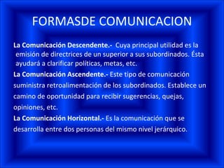 FORMASDE COMUNICACION La Comunicación Descendente.-   Cuya principal utilidad es la emisión de directrices de un superior a sus subordinados. Ésta ayudará a clarificar políticas, metas, etc.  La Comunicación Ascendente.-  Este tipo de comunicación suministra retroalimentación de los subordinados. Establece un camino de oportunidad para recibir sugerencias, quejas, opiniones, etc. La Comunicación Horizontal.-  Es la comunicación que se desarrolla entre dos personas del mismo nivel jerárquico.  