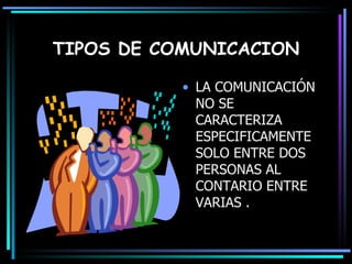 TIPOS DE COMUNICACION LA COMUNICACIÓN NO SE CARACTERIZA ESPECIFICAMENTE SOLO ENTRE DOS PERSONAS AL CONTARIO ENTRE VARIAS . 