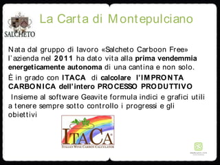 La Carta di Montepulciano
Nata dal gruppo di lavoro «Salcheto Carboon Free»
l’azienda nel 2011 ha dato vita alla prima vendemmia
energeticamente autonoma di una cantina e non solo.
È in grado con ITACA di calcolare l’IMPRONTA
CARBONICA dell’intero PROCESSO PRODUTTIVO
Insieme al software Geavite formula indici e grafici utili
a tenere sempre sotto controllo i progressi e gli
obiettivi
 