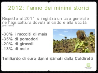 2012: l’anno dei minimi storici
Rispetto al 2011 si registra un calo generale
nell’agricoltura dovuti al caldo e alla siccità:
( Dati Ismea)
-30% i raccolti di mais
-35% di pomodori
-20% di girasoli
-13% di mele
1miliardo di euro danni stimati dalla Coldiretti
 