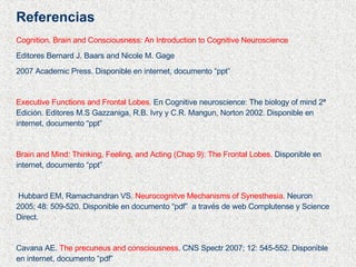 Referencias Cognition, Brain and Consciousness: An Introduction to Cognitive Neuroscience Editores Bernard J. Baars and Nicole M. Gage 2007 Academic Press. Disponible en internet, documento “ppt”   Executive Functions and Frontal Lobes.  En Cognitive neuroscience: The biology of mind 2ª Edición. Editores M.S Gazzaniga, R.B. Ivry y C.R. Mangun, Norton 2002. Disponible en internet, documento “ppt”  Brain and Mind: Thinking, Feeling, and Acting (Chap 9): The Frontal Lobes.  Disponible en internet, documento “ppt”  Hubbard EM, Ramachandran VS . Neurocognitve Mechanisms of Synesthesia.  Neuron 2005; 48: 509-520. Disponible en documento “pdf”  a través de web Complutense y Science Direct.  Cavana AE.  The precuneus and consciousness . CNS Spectr 2007; 12: 545-552. Disponible en internet, documento “pdf” 