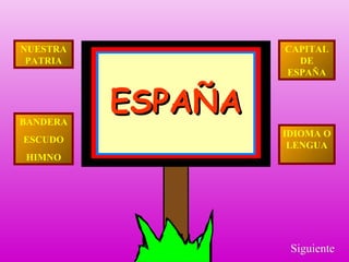NUESTRA
PATRIA

BANDERA
ESCUDO

ESPAÑA

CAPITAL
DE
ESPAÑA

IDIOMA O
LENGUA

HIMNO

Siguiente

 