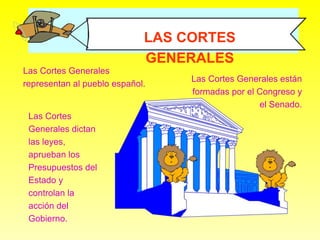 Las Cortes Generales
representan al pueblo español.
Las Cortes
Generales dictan
las leyes,
aprueban los
Presupuestos del
Estado y
controlan la
acción del
Gobierno.
Las Cortes Generales están
formadas por el Congreso y
el Senado.
LAS CORTES
GENERALES
 