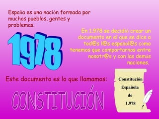 España es una nación formada por
muchos pueblos, gentes y
problemas.
En 1.978 se decidió crear un
documento en el que se dice a
tod@s l@s español@s cómo
tenemos que comportarnos entre
nosotr@s y con las demás
naciones.

Este documento es lo que llamamos:

Constitución
Española
de
1.978

 