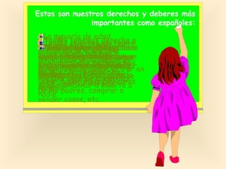 Estos son nuestros derechos y deberes más
importantes como españoles:
La mayoría de edad
Tod@s tenemos derecho a
Tod@s somos años. ante
tenemos derecho
Tod@s atenemos derecho a
empiezapuede18igualesA a
Tod@s la abrir
Nadiey a losintegridad
L@s extranjer@s que
Tod@s
derecho
laCualquiera que nazca comoa
vida respete nuestra
que seyde tenemospuede
la ley donde nosotr@s tienen
se derecho
partirentre queramos yyaa
pensar física.de nuestra
nuestrastieneedad escuchar
vivan ycomo nosnidecir,
español,noesaqueramos aque
vivir
cartas
moral
Es se de
intimidadtodos los derechos
y la
discriminarEspaña su vida.
alcanzan religiónrazones por
tener durante puede
nuestras mismos que entrar
nuestros conversaciones
serloprohibidatoda nos y en
viajarlaNadie la derechos.
por por tortura
está
familia. ciudadan@s como
nacimiento, raza, sexo, a
de l@s a la lo mismo que se
apetezca.
teléfono. tratos y que no
Derechocasa Nacionalidad.
libremente, sin nuestro
los malosopinión ni nada de
nuestra
religión,
votar,ycondenar a muerte a
salir entrar del país.
puede poder independizarse
permiso.
nada. padres, comprar o
de los
nadie.
vender cosas, etc.

 