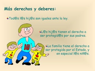 Más derechos y deberes:
Tod@s l@s hij@s son iguales ante la ley.

L@s hij@s tienen el derecho a
ser protegid@s por sus padres.
La familia tiene el derecho a
ser protegida por el Estado, y
en especial l@s niñ@s.

 
