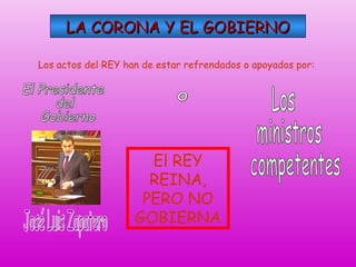 LA CORONA Y EL GOBIERNO
Los actos del REY han de estar refrendados o apoyados por:

El REY
REINA,
PERO NO
GOBIERNA

 