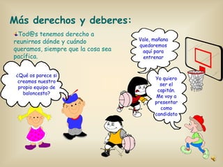Más derechos y deberes:
Tod@s tenemos derecho a
reunirnos dónde y cuándo
queramos, siempre que la cosa sea
pacífica.
¿Qué os parece si
creamos nuestro
propio equipo de
baloncesto?

Vale, mañana
quedaremos
aquí para
entrenar

Yo quiero
ser el
capitán.
Me voy a
presentar
como
candidato

 