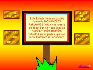 NUESTRA
PATRIA

BANDERA
ESCUDO

Este Estado tiene en España
forma de MONARQUÍA
PARLAMENTARIA y al frente
de él está un REY que lo es de
tod@s, y un@s señor@s,
votad@s por el pueblo, que nos
representan en el Parlamento.

CAPITAL
DE
ESPAÑA

IDIOMA O
LENGUA

HIMNO

Siguiente

 