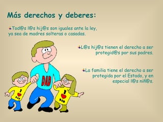 Más derechos y deberes: Tod@s l@s hij@s son iguales ante la ley, ya sea de madres solteras o casadas. L@s hij@s tienen el derecho a ser protegid@s por sus padres. La familia tiene el derecho a ser protegida por el Estado, y en especial l@s niñ@s. 