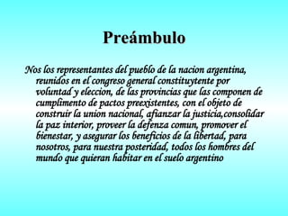 Preámbulo Nos los representantes del pueblo de la nacion argentina, reunidos en el congreso general constituytente por voluntad y eleccion, de las provincias que las componen de cumplimento de pactos preexistentes, con el objeto de construir la union nacional, afianzar la justicia,consolidar la paz interior, proveer la defenza comun, promover el bienestar, y asegurar los beneficios de la libertad, para nosotros, para nuestra posteridad, todos los hombres del mundo que quieran habitar en el suelo argentino 