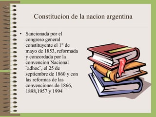 Constitucion de la nacion argentina Sancionada por el congreso general constituyente el 1° de mayo de 1853, reformada y concordada por la convencion Nacional ¨adhoc¨, el 25 de  septiembre de 1860 y con las reformas de las convenciones de 1866, 1898,1957 y 1994 
