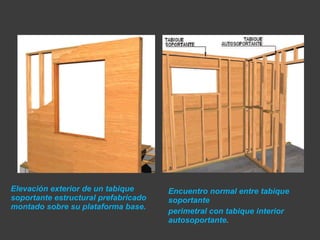 Elevación exterior de un tabique soportante estructural prefabricado montado sobre su plataforma base. Encuentro normal entre tabique soportante perimetral con tabique interior autosoportante . 