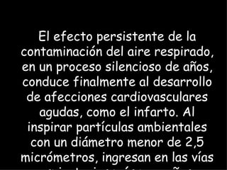 El efecto persistente de la contaminación del aire respirado, en un proceso silencioso de años, conduce finalmente al desarrollo de afecciones cardiovasculares agudas, como el infarto. Al inspirar partículas ambientales con un diámetro menor de 2,5 micrómetros, ingresan en las vías respiratorias más pequeñas y luego irritan las paredes arteriales.   