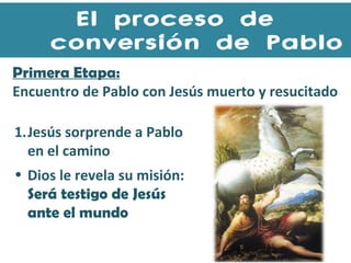 El proceso de conversión de Pablo Primera Etapa:   Encuentro de Pablo con Jesús muerto y resucitado Jesús sorprende a Pablo en el camino Dios le revela su misión:  Será testigo de Jesús ante el mundo 