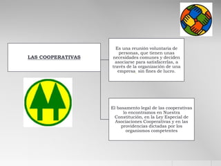 LAS COOPERATIVAS
Es una reunión voluntaria de
personas, que tienen unas
necesidades comunes y deciden
asociarse para satisfacerlas, a
través de la organización de una
empresa sin fines de lucro.
El basamento legal de las cooperativas
lo encontramos en Nuestra
Constitución, en la Ley Especial de
Asociaciones Cooperativas y en las
providencias dictadas por los
organismos competentes
 