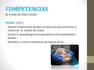 COMPETENCIAS
SE DIVIDE EN CINCI CICLOS:
PRIMER CICLO
• Realizar tratamientos faciales en piel sana para mantener y
conservar la belleza de la piel.
• Utilizar la aparatología correspondiente a los tratamientos
faciales.
• Identificar y utilizar cosméticos de higiene facial.
 