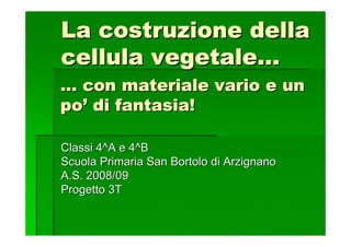 La costruzione della
cellula vegetale…
… con materiale vario e un
po’ di fantasia!

Classi 4^A e 4^B
Scuola Primaria San Bortolo di Arzignano
A.S. 2008/09
Progetto 3T
 