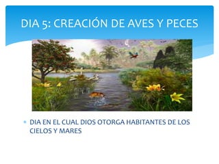  DIA EN EL CUAL DIOS OTORGA HABITANTES DE LOS
CIELOS Y MARES
DIA 5: CREACIÓN DE AVES Y PECES
 