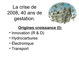 La crise de 2008, 40 ans de gestation. Origines croissance (I): Innovation (R & D) Hydrocarbures Électronique Transport 