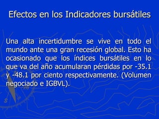 Efectos en los Indicadores bursátiles Una alta incertidumbre se vive en todo el mundo ante una gran recesión global. Esto ha ocasionado que los índices bursátiles en lo que va del año acumularan pérdidas por -35.1 y -48.1 por ciento respectivamente. (Volumen negociado e IGBVL). 