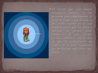 El factor que con mayor frecuencia detiene a las personas para experimentar el nivel de riqueza que desean es un círculo vicioso en el cual muchos caen, que les lleva a sabotear su propio éxito financiero. Y este círculo vicioso comienza con la idea de que la acumulación de riqueza y el éxito financiero les producirán más dolor que placer.  