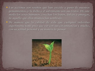 Las acciones son retoños que han crecido a partir de nuestros pensamientos, y la dicha o el sufrimiento son sus frutos. De este modo los seres humanos cosechan los frutos, dulces o amargos, de aquello que ellos mismos han sembrado.  De manera que la calidad de vida que cualquier individuo experimenta tiene poco que ver con sus circunstancias y mucho, con su actitud personal y su manera de pensar.  