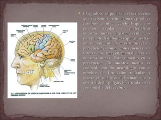 El agudizar el poder de visualización que acabamos de mencionar, produce cambios a nivel cerebral que nos pueden ayudar a materializar nuestras metas. Existen evidencias puramente fisiológicas que muestran un incremento en nuestro nivel de percepción, como consecuencia de formar una imagen mental clara de nuestras metas. Este aumento en la percepción de nuestro medio es conocido por los neurólogos con el nombre de formación reticular y ocurre en una área del tamaño de la uña del dedo pulgar, localizada en la zona media del cerebro.  